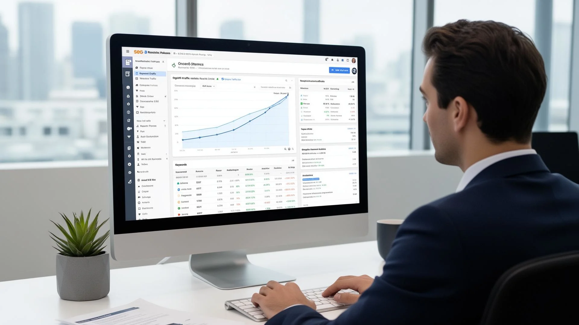 SEO specialist analyzing keyword rankings and website traffic reports
