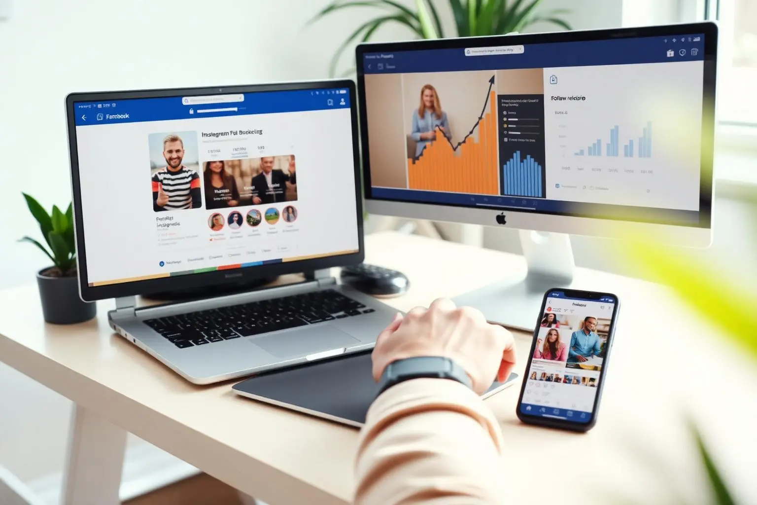 Social media manager creating marketing campaigns for Instagram and Facebook